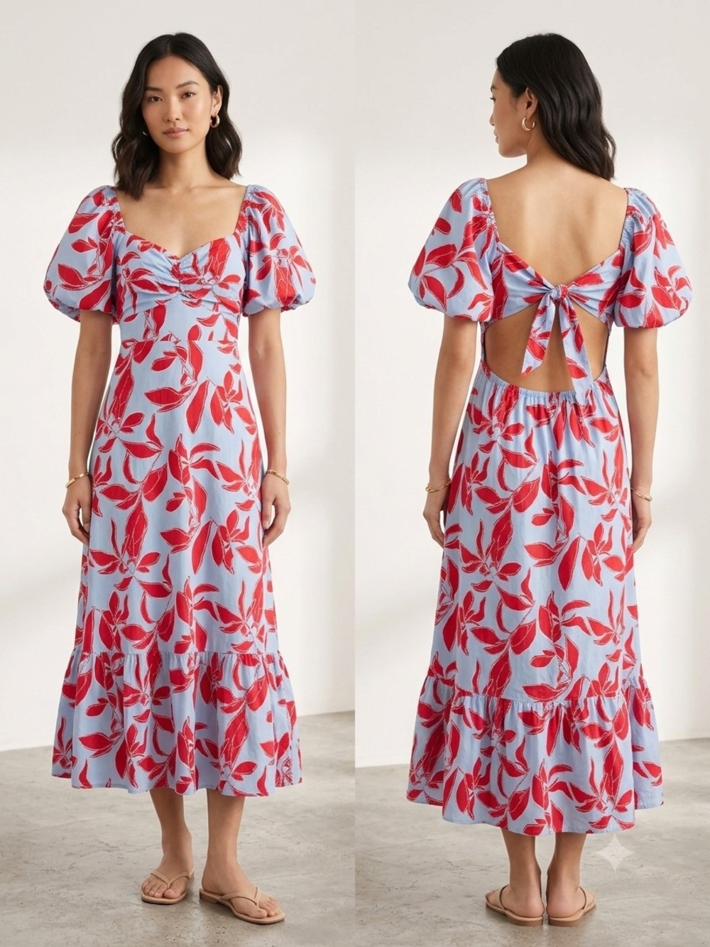 VICI Blue & Red Floral Puff Sleeve Maxi Dress Sz M Cottagecore Vacation
